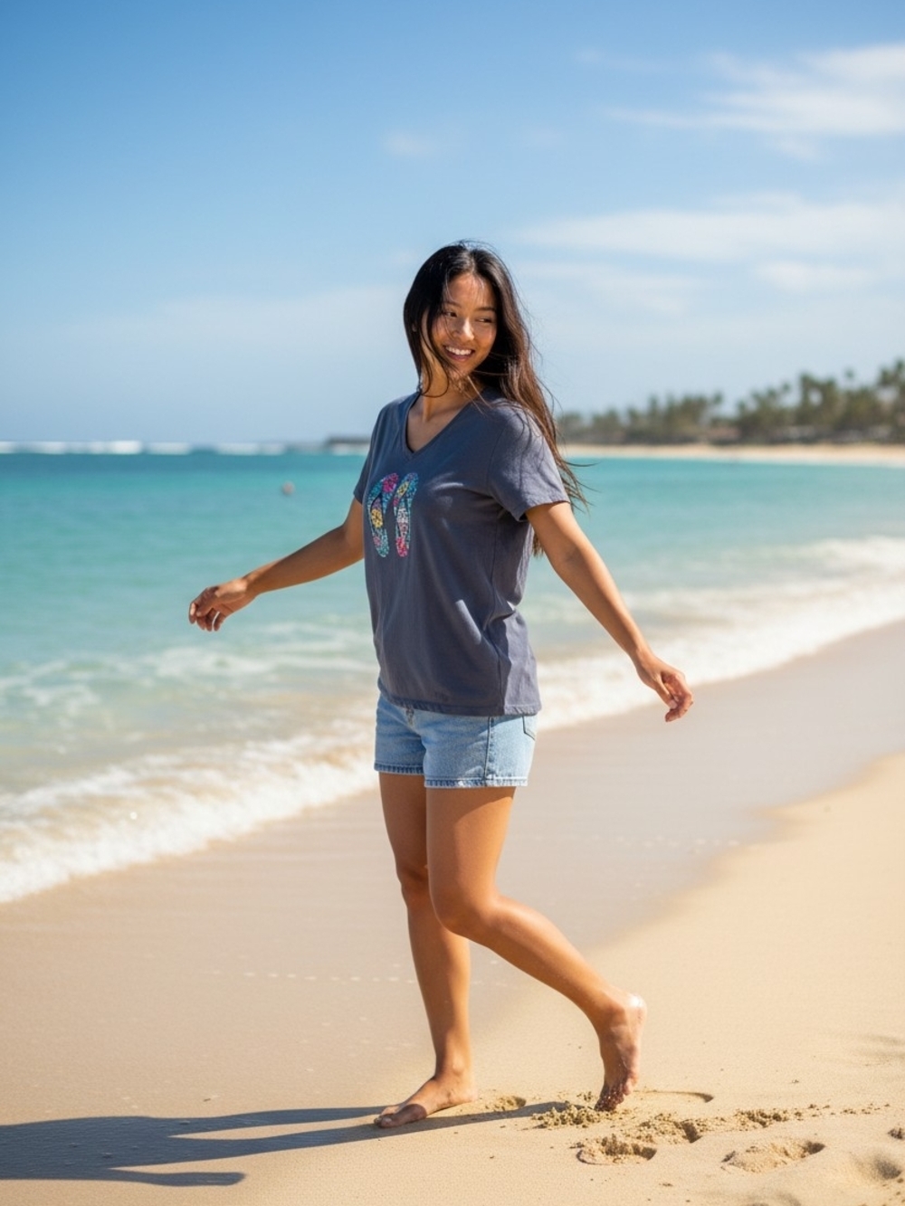 Life Is Good Blue V-Neck Tee with Floral Flip-Flop Artwork